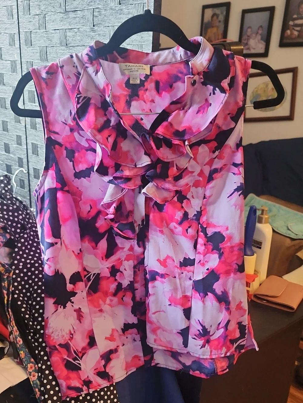 Tahari Pink and Navy Floral Ruffled Sleeveless Camisole
